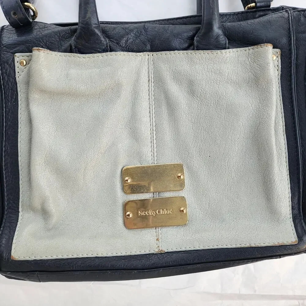 SEE BY CHLOE Nellie Navy Light Blue Gray Leather‎ Handbag Crossbody Trapezoid